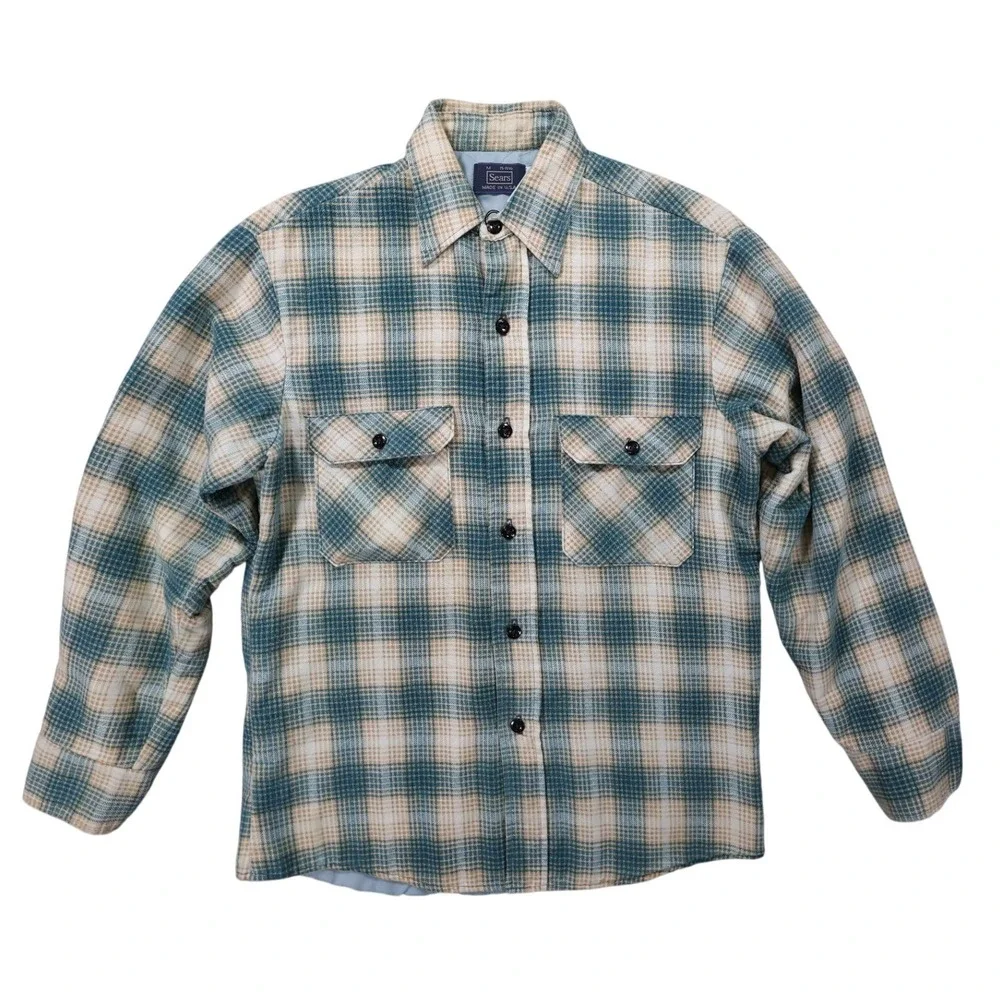Sears Quilted Flannel Shirt Jacket Mens Medium Blue Plaid Excellent Vintage‎